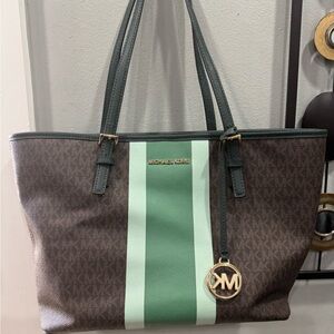 Michael Kors Brown and Green Stripe Tote